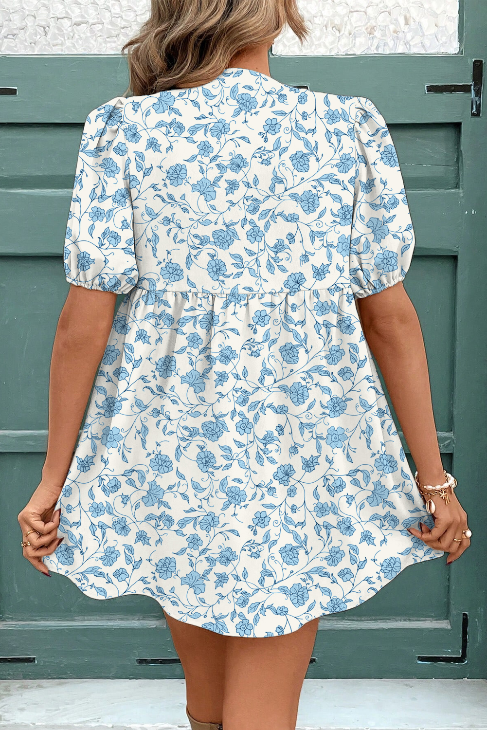 Sky Blue Floral Contrast Bow Puff Sleeve Mini Dress - Image 2