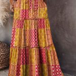Orange Tiered Paisley Print Pocketed Maxi Skirt