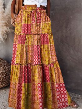 Orange Tiered Paisley Print Pocketed Maxi Skirt
