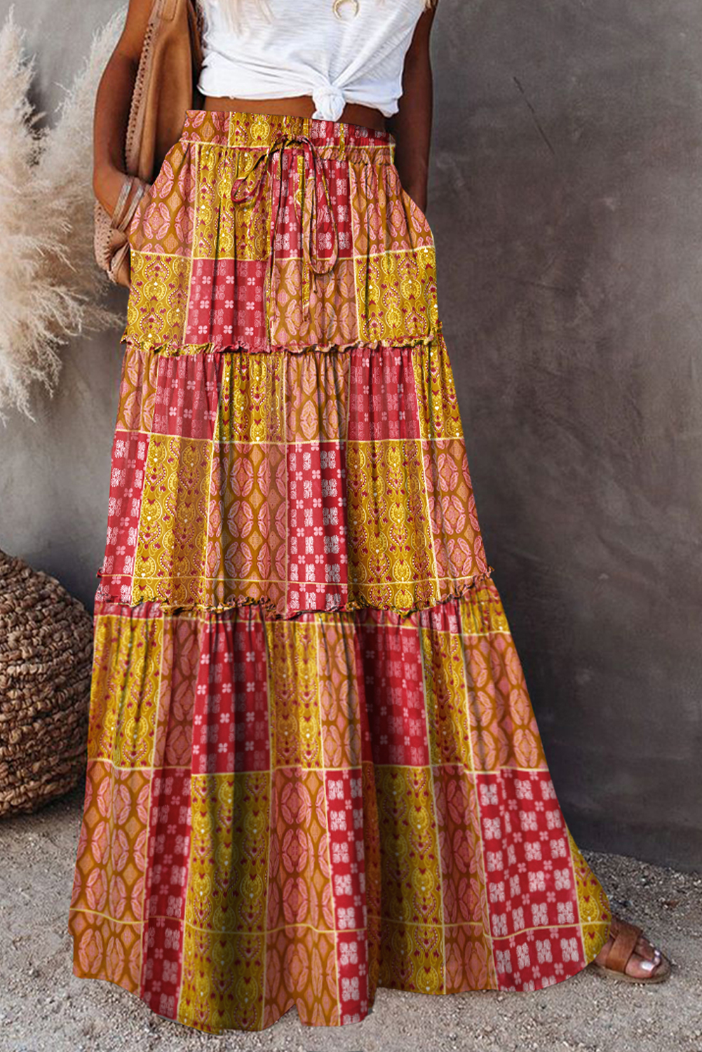 Orange Tiered Paisley Print Pocketed Maxi Skirt