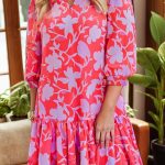 Red Floral Three Quarter Sleeves Ruffle Hem Mini Dress