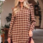 Red Plaid Print Ruffled Long Sleeve Patchwork Hem Mini Shirt Dress
