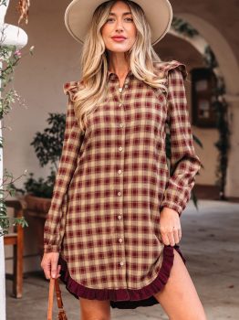 Red Plaid Print Ruffled Long Sleeve Patchwork Hem Mini Shirt Dress