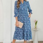 Sky Blue Floral Printed Frilled V Neck Bracelet Sleeve Long Dress