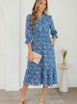 Sky Blue Floral Printed Frilled V Neck Bracelet Sleeve Long Dress