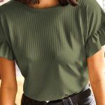 Jungle Green Solid Color Ribbed Ruffled Short Sleeve T Shirt