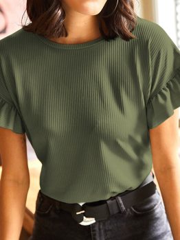 Jungle Green Solid Color Ribbed Ruffled Short Sleeve T Shirt