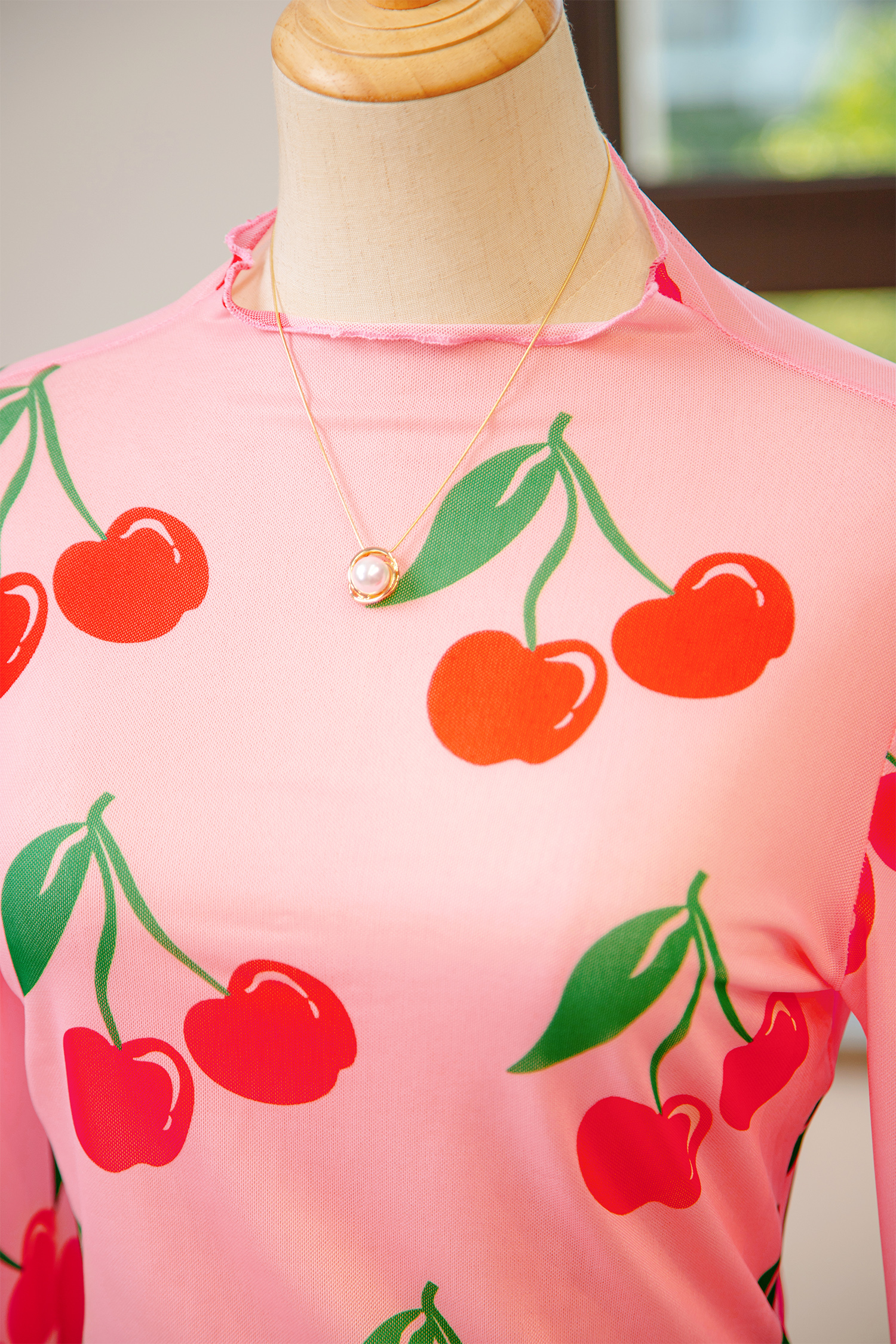 Pink Cherry Print Lettuce Trim Long Sleeve Mesh Top - Image 4