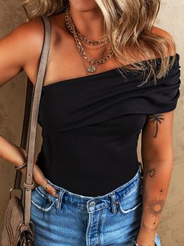 Black Solid Color Pleated One Shoulder Bodysuit