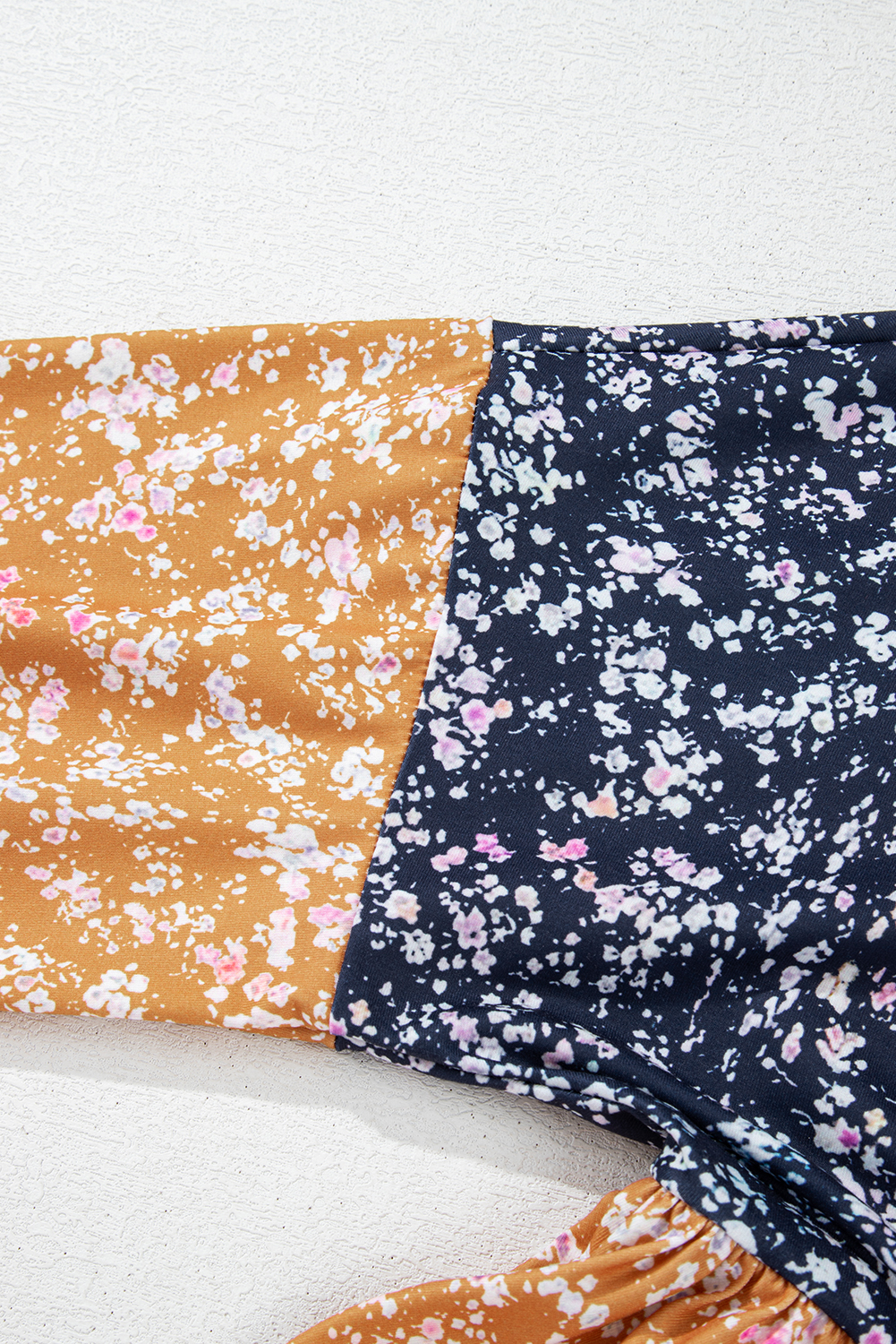 Blue Floral Color Block Patchwork Ruffled Hem Round Neck Blouse - Image 6