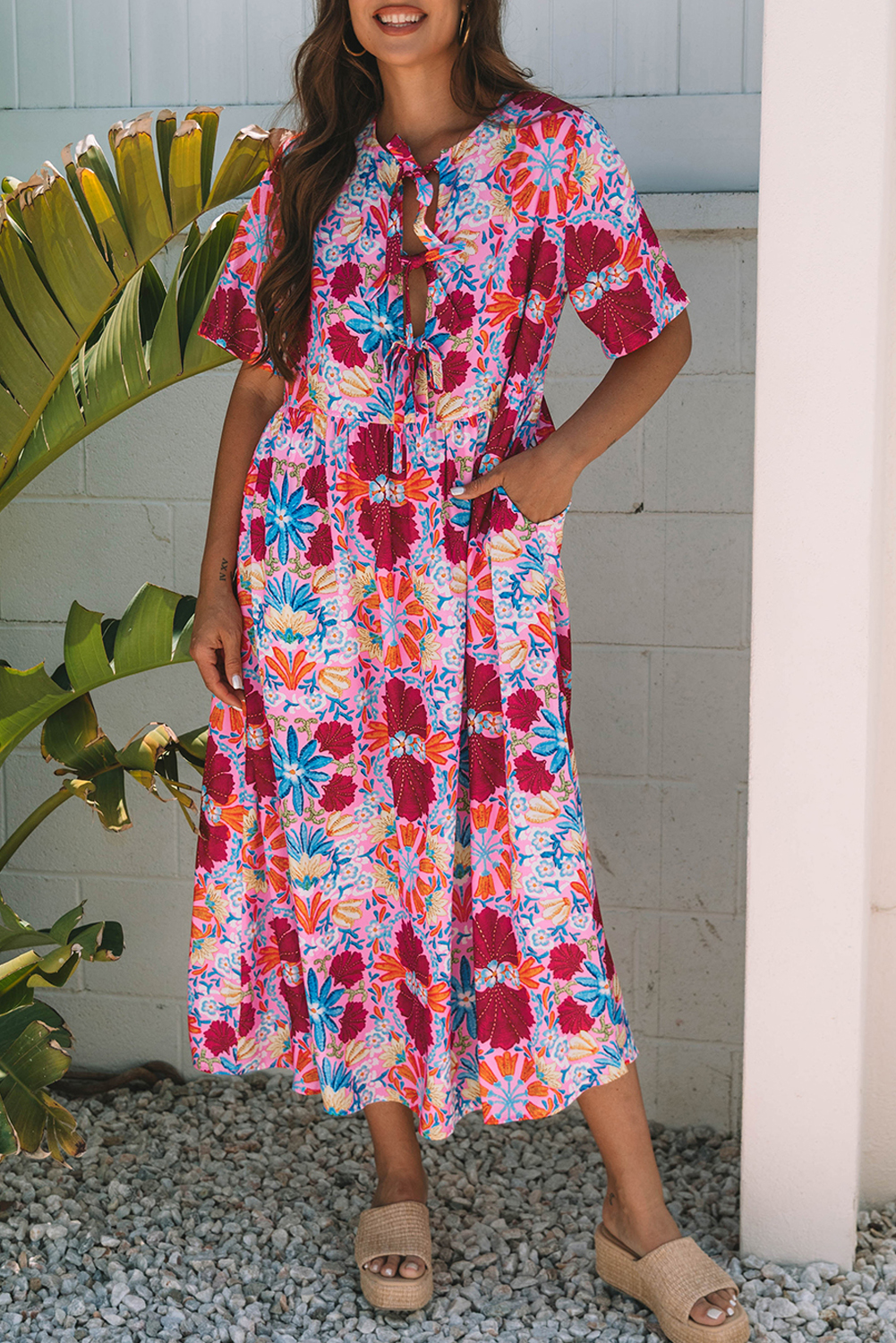 Rose Floral Tied Front High Waist Short Sleeve Loose Long Dress - Image 7