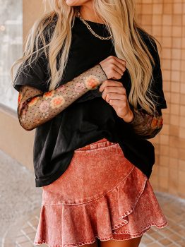 Black Faux Two Piece Floral Long Sleeve Patchwork Tee