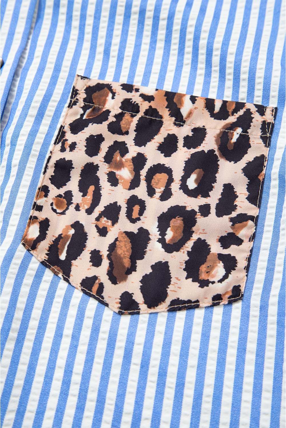 Sky Blue Striped Leopard Print Patchwork Button Up Womens Shirt - Image 8