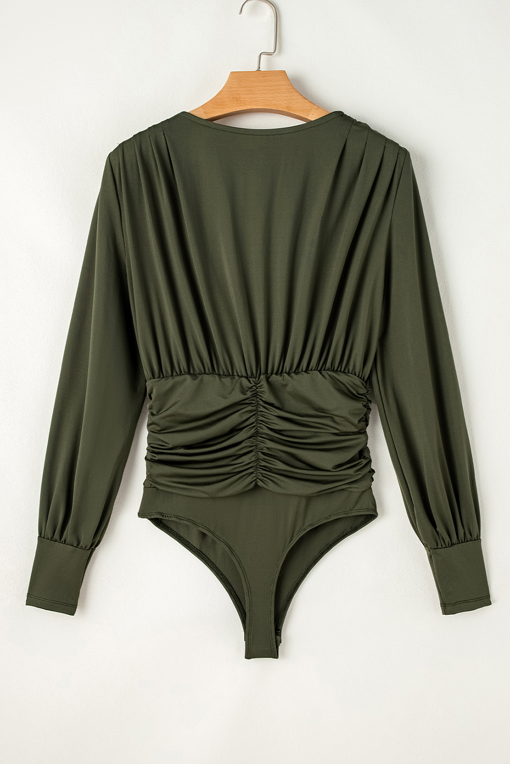 Moss Green Ruched Wrap V Neck Long Sleeve Bodysuit - Image 7