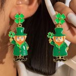 Dark Green St Patricks Day Enameled Leprechaun Drop Earrings