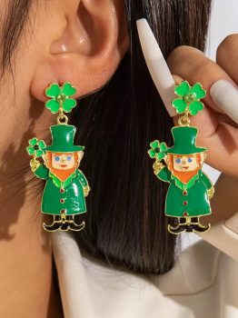 Dark Green St Patricks Day Enameled Leprechaun Drop Earrings