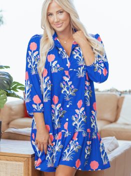 Blue Floral Print Button Detail 3/4 Puff Sleeve Ruffle Hem Dress