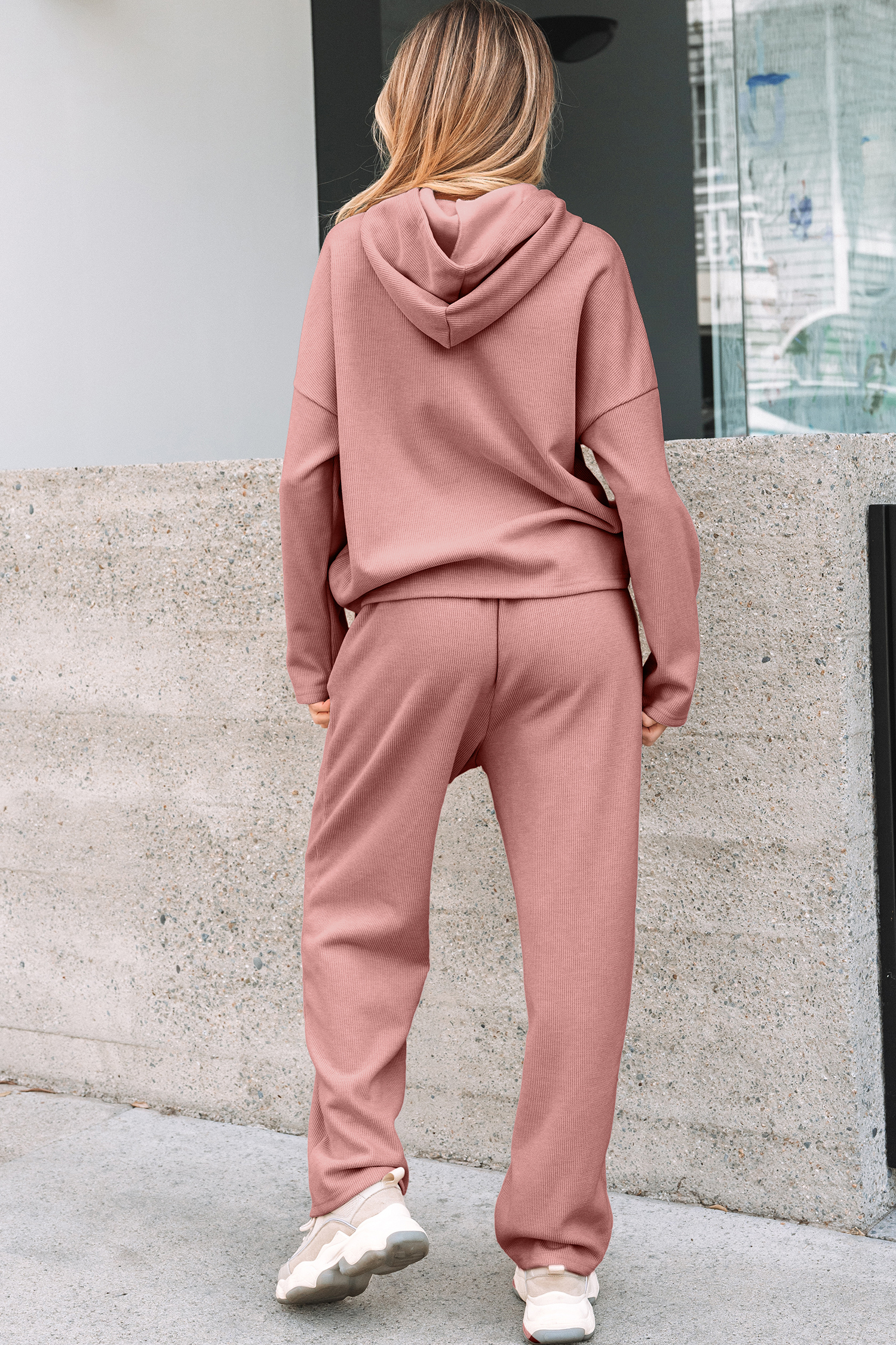 Rose Tan Lace Drawstring Pullover Hoodie and High Waist Pants Corduroy Suit - Image 2