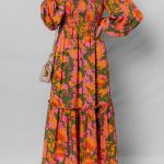 Orange Floral Puff Sleeve Smocked Bodice Ruffled Long Dress