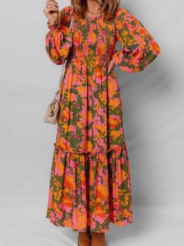 Orange Floral Puff Sleeve Smocked Bodice Ruffled Long Dress