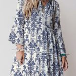Sky Blue Boho Floral Print Lettuce Trim 3/4 Sleeve Mini Dress