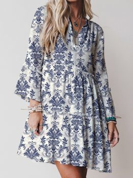Sky Blue Boho Floral Print Lettuce Trim 3/4 Sleeve Mini Dress