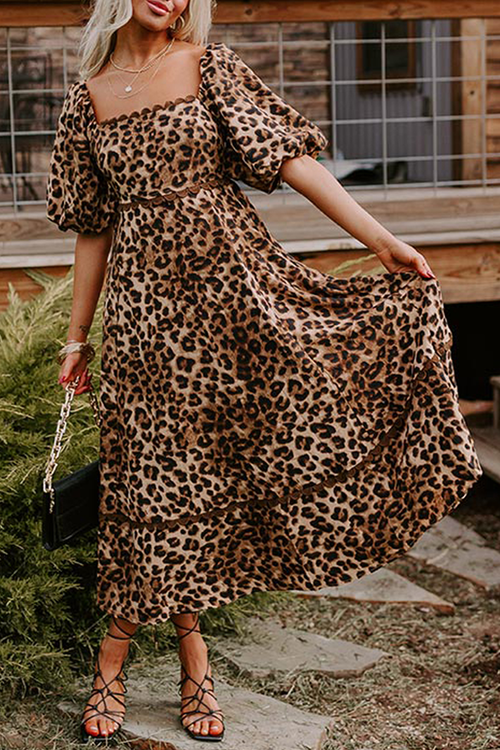 Brown Leopard Print Bubble Sleeve Square Neck Maxi Dress - Image 7