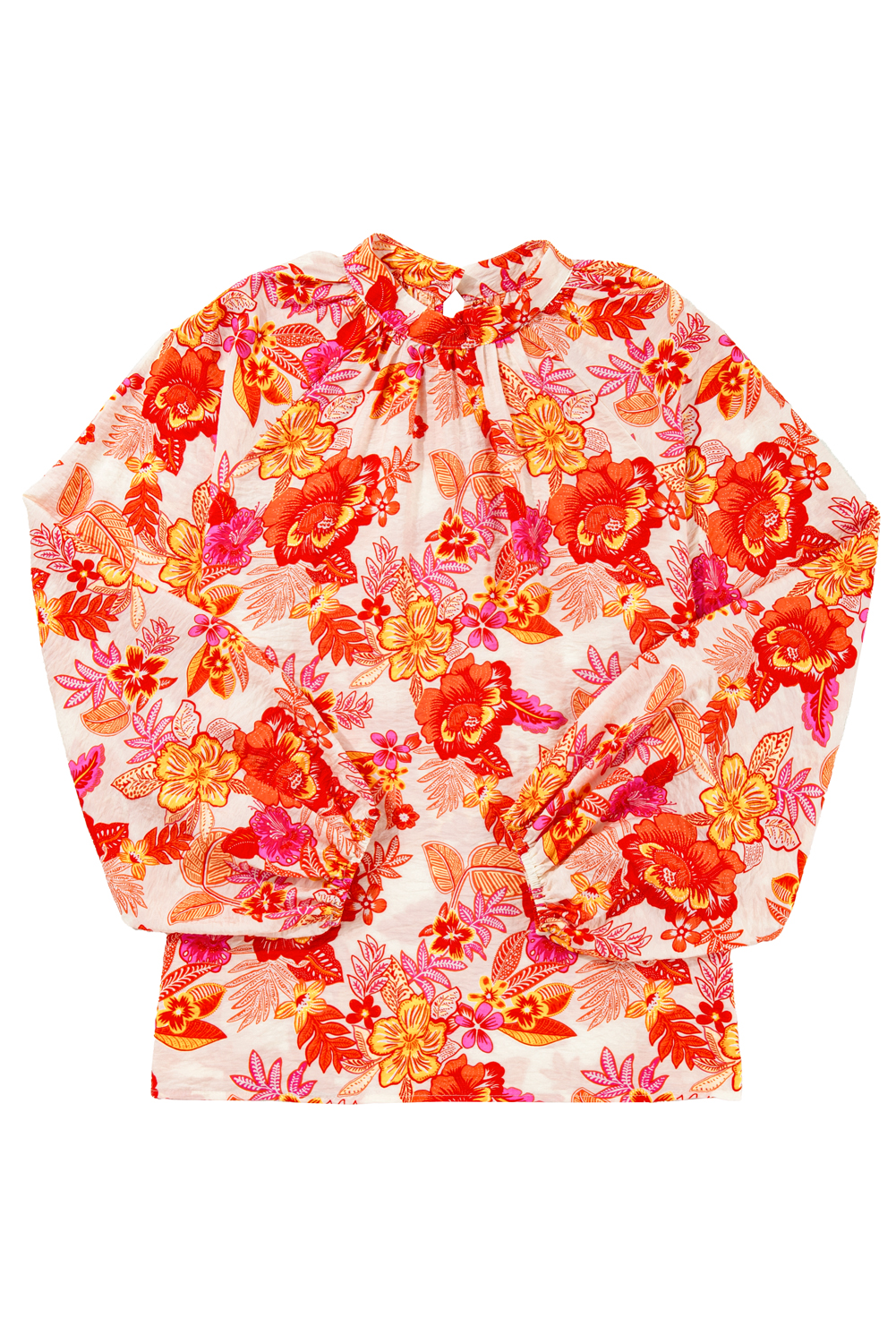 Orange Floral Print Pearl Button Keyhole Long Puff Sleeve Blouse - Image 4