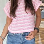 Pink Striped Print Waffle Knit T Shirt