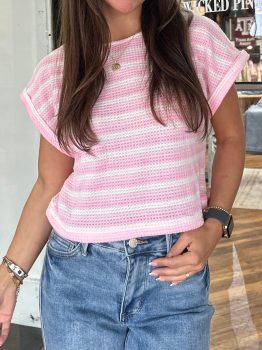 Pink Striped Print Waffle Knit T Shirt