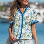 Beige Floral Print Contrasted Frilled Striped Trim Short Sleeve Blouse