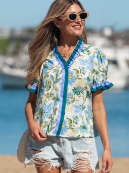 Beige Floral Print Contrasted Frilled Striped Trim Short Sleeve Blouse