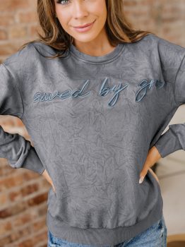 High-rise saved by grace Letter Embroidery Mineral Wash Loose Sweatshirt