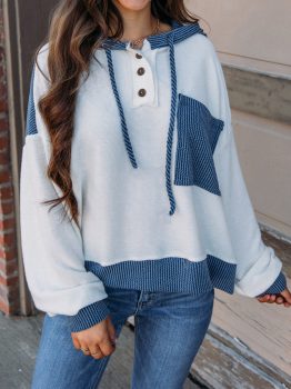 White Corded Colorblock Patch Pocket Drawstring Hooded Top