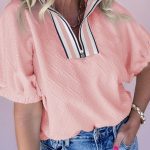 Light Pink Contrast Striped Collar Patchwork Textured Half Sleeve Blouse