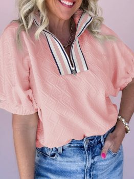 Light Pink Contrast Striped Collar Patchwork Textured Half Sleeve Blouse