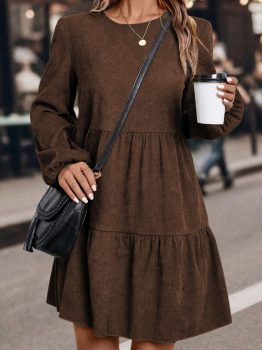 Dark Brown Lantern Sleeve Tiered Mini Dress