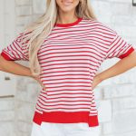 Red Stripe Drop Shoulder Half Sleeve T Shirt