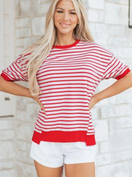 Red Stripe Drop Shoulder Half Sleeve T Shirt