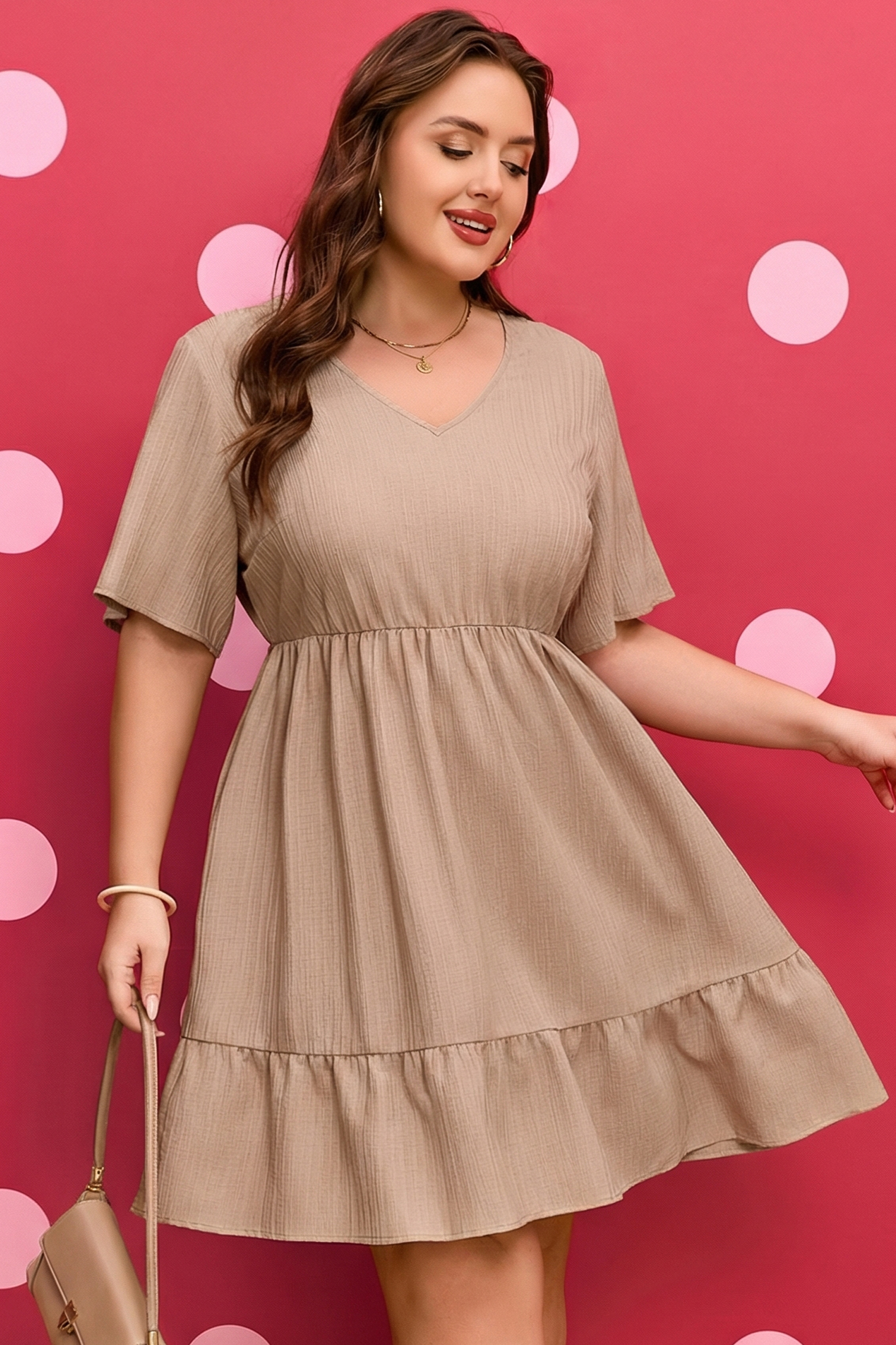 Dark Khaki Plus Size Textured Ruffled Short Sleeve Dress - Image 4