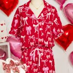 Red Sweet Bow Print Ruffled Short Sleeve Shirt Shorts 2pcs Pajama Set