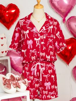 Red Sweet Bow Print Ruffled Short Sleeve Shirt Shorts 2pcs Pajama Set