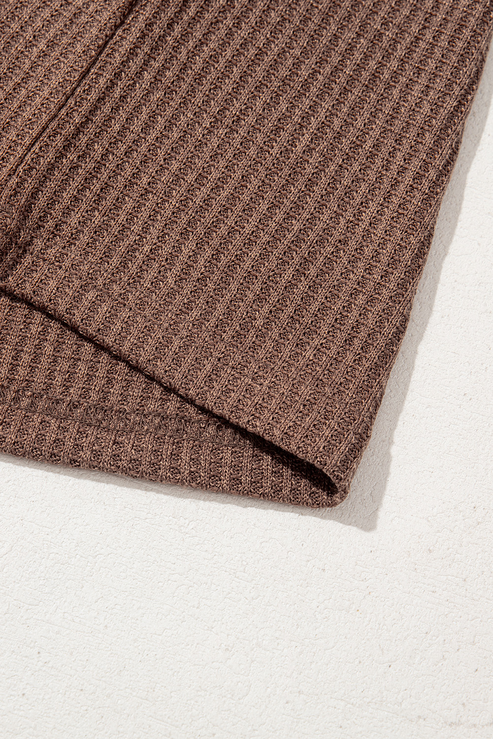 Coffee Ruffled Floral Sleeve Patchwork Waffle Knit O Neck Blouse - Image 7