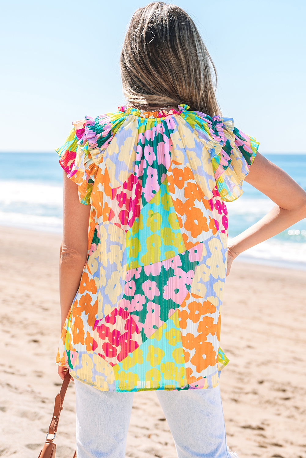 Multicolour Leopard Flutter Sleeve V Neck Crinkled Blouse - Image 2