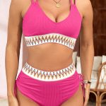 Bright Pink Ribbed Knit Tribal Contrast Detail 2pcs High Waist Swimsuit