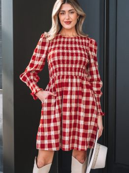 Red Plaid Print Smocked Puff Sleeve Mini Dress