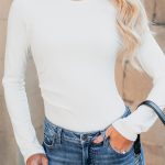 White Ribbed Long Sleeve Crew Neck Solid Color Bodysuit