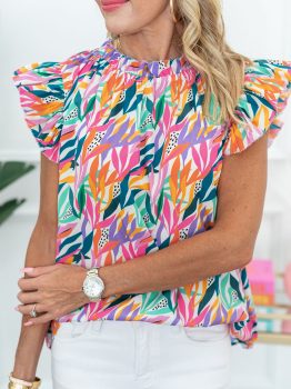 Rose Red Floral Print Ruffled Flutter Sleeve Blouse