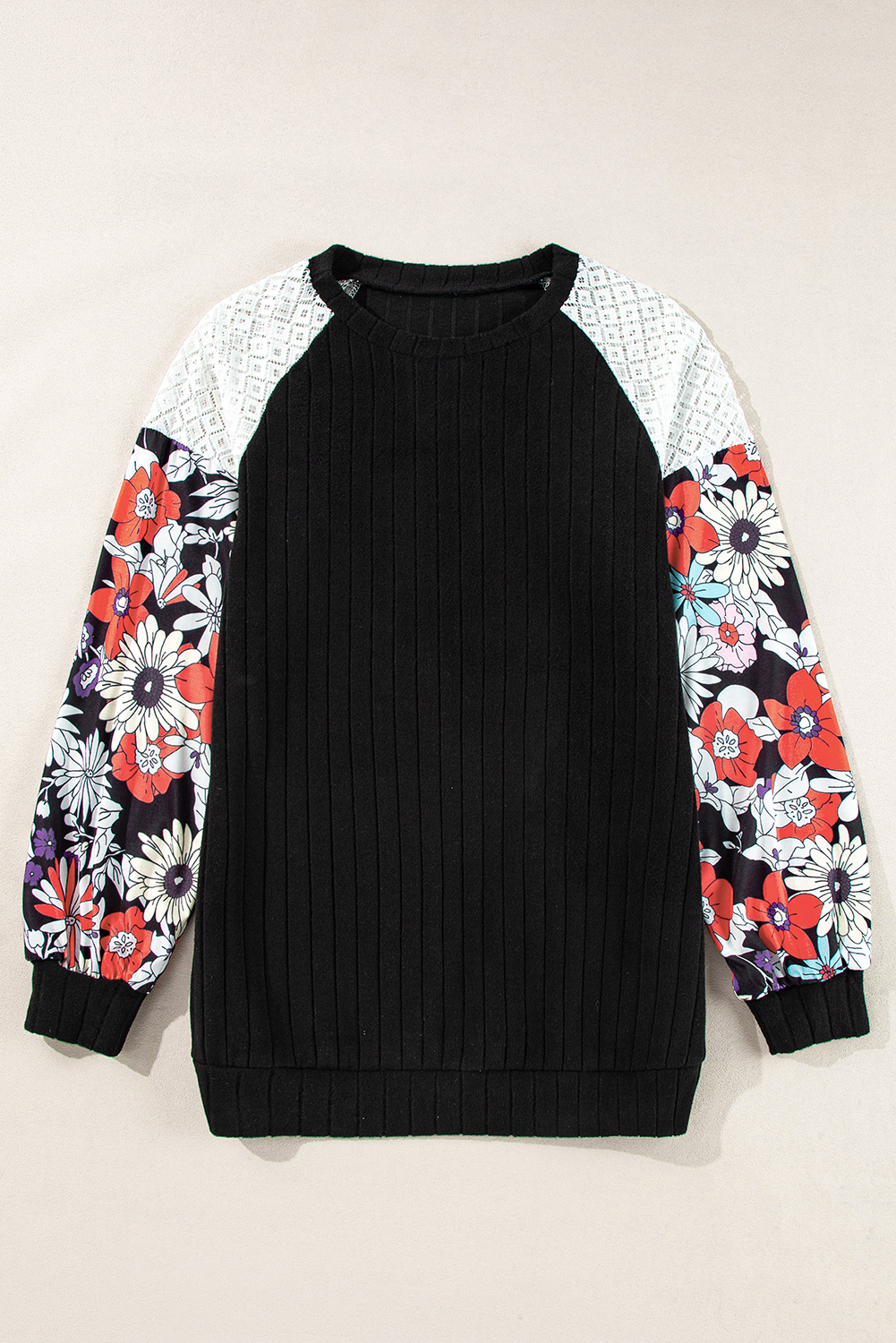 Black Floral Patchwork Long Sleeve Ribbed Blouse - Image 3