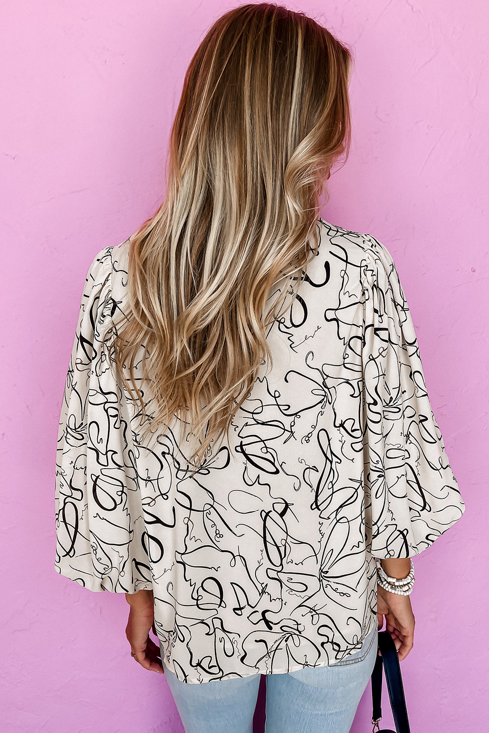 Beige Abstract Print Balloon Sleeve Crew Neck Blouse - Image 7